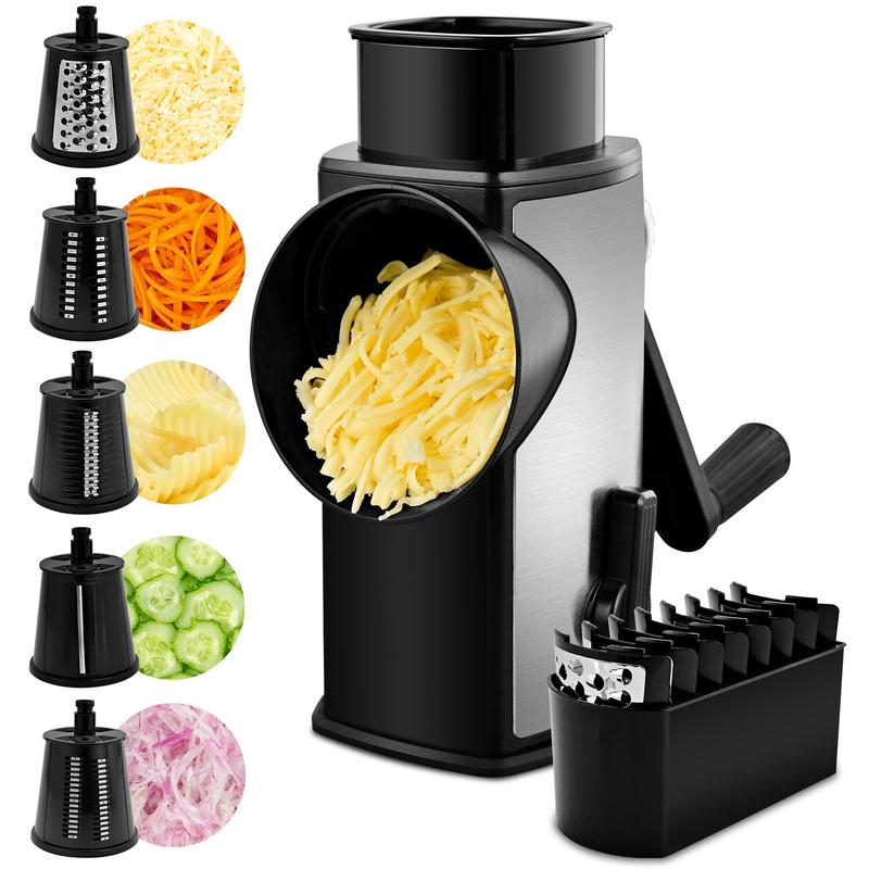 SUSTEAS Handheld Rotary Cheese Grater, equipped with 5 carefully designed blades and a strong suction cup base.