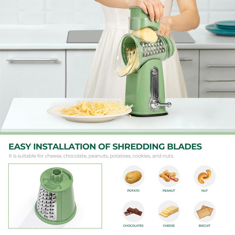 SUSTEAS Handheld Rotary Cheese Grater, equipped with 5 carefully designed blades and a strong suction cup base.